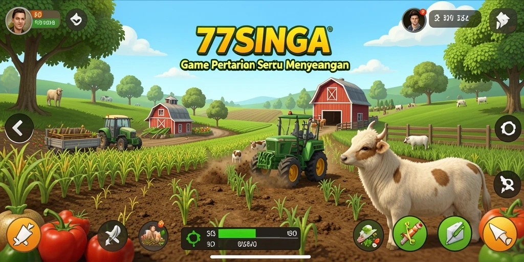 Screenshot gameplay 77SINGA menampilkan ladang yang subur dan tanaman beragam.
