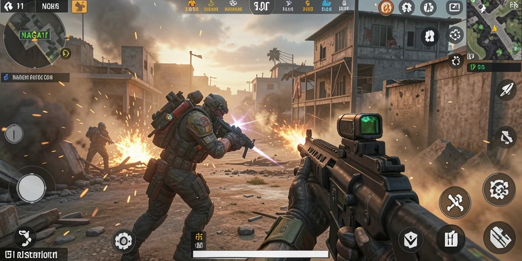 Screenshot gameplay NAGA11 menampilkan aksi pertempuran yang intens.