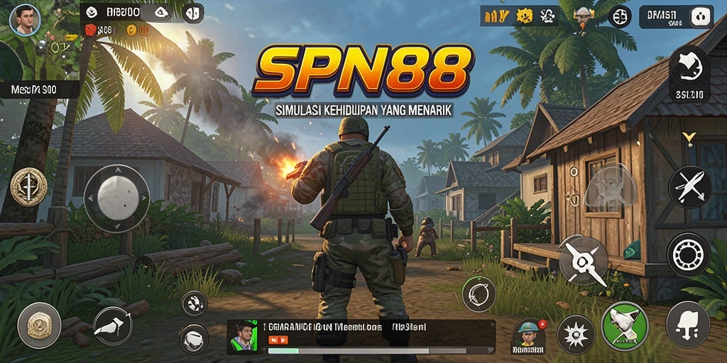 Screenshot utama SPN88 menampilkan karakter dalam suasana simulasi kehidupan.