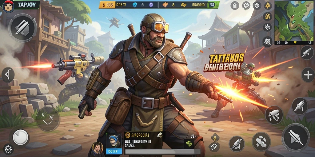 Screenshot TAPJOY menunjukkan aksi seru Battle Royale di lapangan luas.